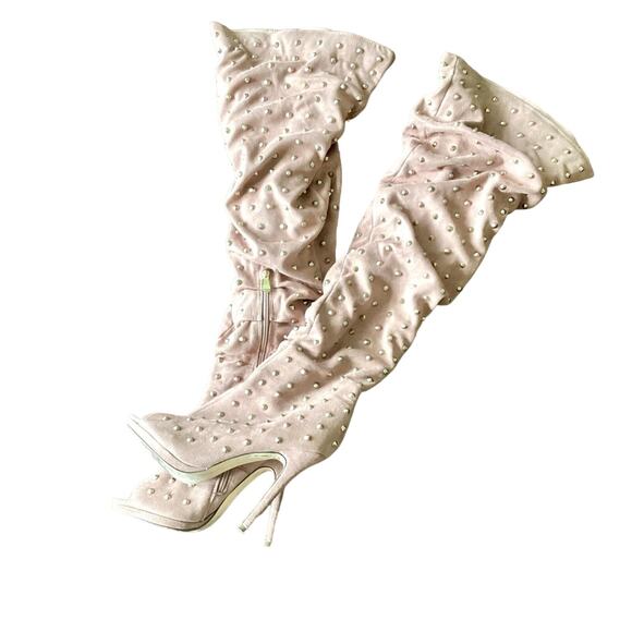 Liliana Vegan Suede Over the Knee Golden Tacks Peep Toe Boots - Picture 2 of 10